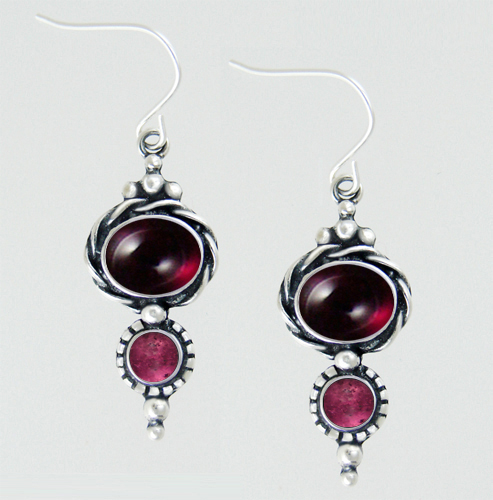 Sterling Silver Drop Dangle Earrings With Garnet And Pink Tourmaline